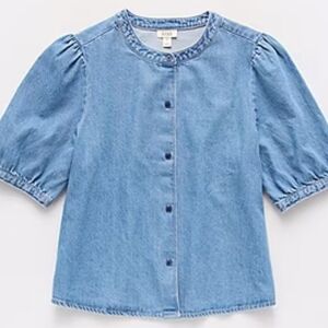 Women Denim Crew Neck Elbow Sleeve Blouse, Size: Large